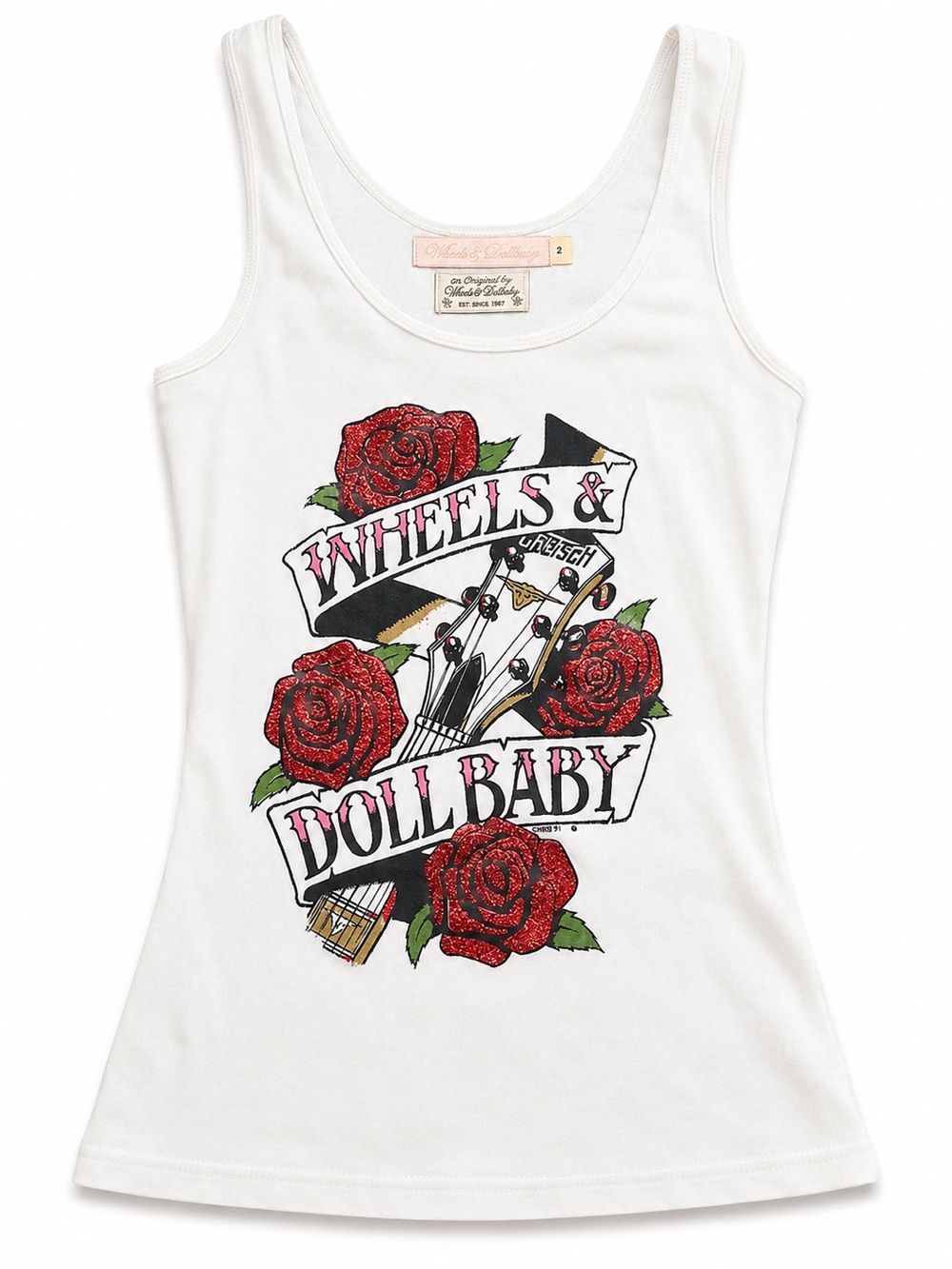 Wheels & Dollbaby Y2K Rose & Guitar Graphic Tank Top NWOT Size 2
